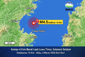 Gempa Magnitudo 4,5 Guncang Barat Laut Luwu Timur, BMKG: Kedalaman 10 Kilometer