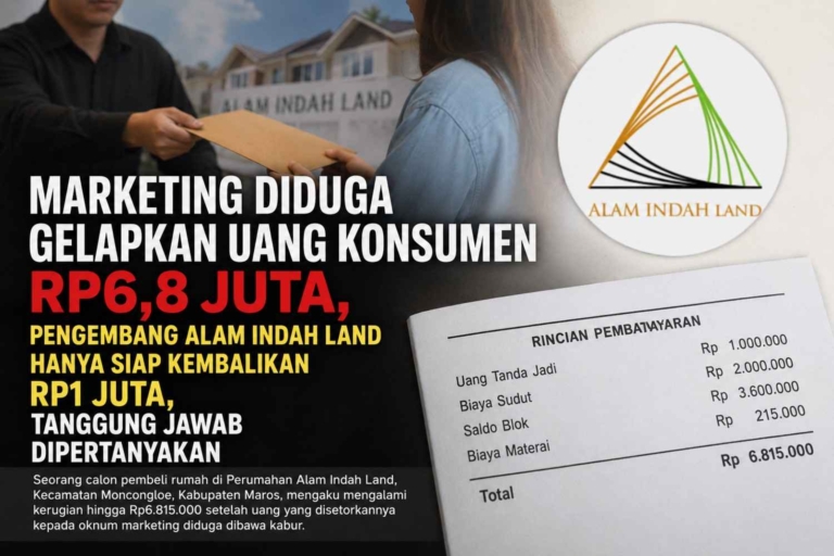 Marketing Diduga Gelapkan Uang Konsumen Rp6,8 Juta, Pengembang Alam Indah Land Hanya Siap Kembalikan Rp1 Juta, Tanggung Jawab Dipertanyakan