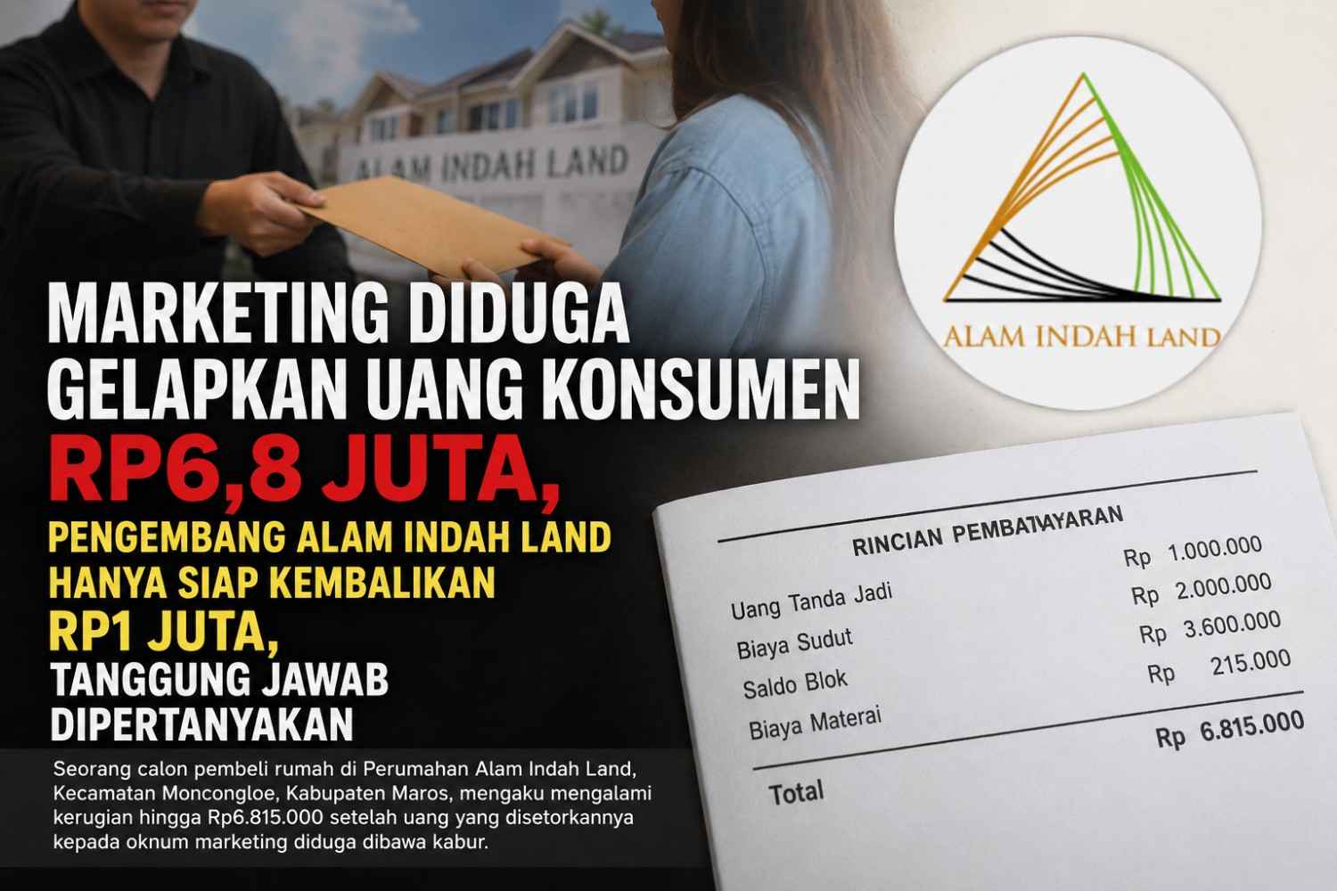 Marketing Diduga Gelapkan Uang Konsumen Rp6,8 Juta, Pengembang Alam Indah Land Hanya Siap Kembalikan Rp1 Juta, Tanggung Jawab Dipertanyakan